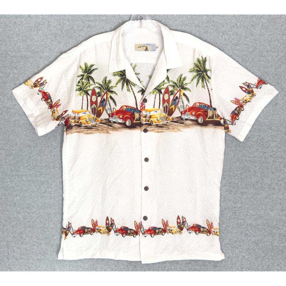 High Surf Button Up Shirt Mens Large White Tropical Woody Surfboard Camp Shirt